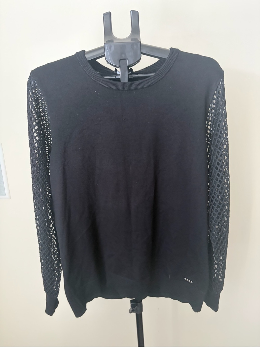 NWT Black Crewneck Sweater with Mesh/Fishnet Sleeve Detail, Size XL